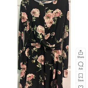 Floral Twist-Front Long Sleeve Dress - Black with Pink Roses